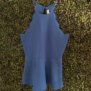 blue scalloped high neck tank